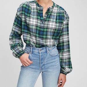 Gap Womens Shirred Henley Long Sleeve Flannel Blue Green Plaid Top Size Lg